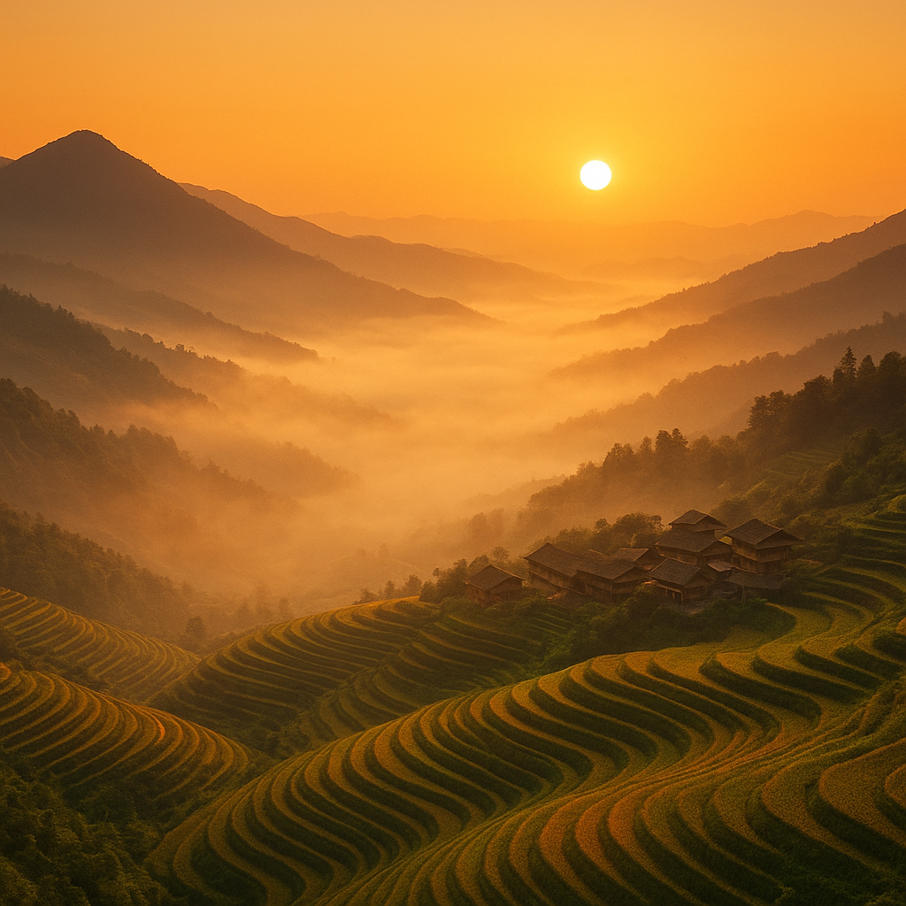 Sunrise over a mountain village with colorful terraces